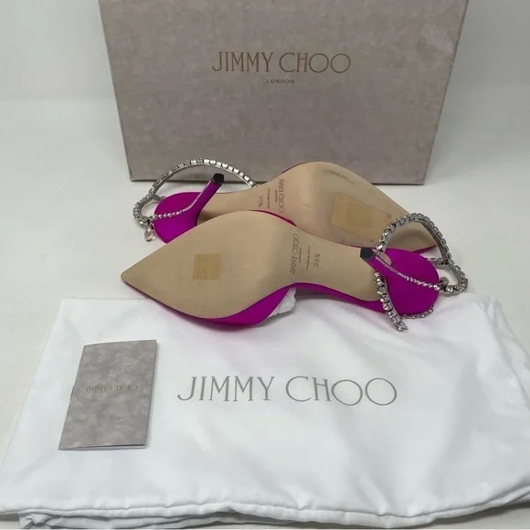 Jimmy Choo Saeda‎ 100mm Ankle Strap Pumps in Fuschia Satin with Crystal Chain - Picture 14 of 16